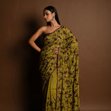 Olive Green Thread Work Cutdana Scalloped Border Pure Georgette Saree - Anvi Couture