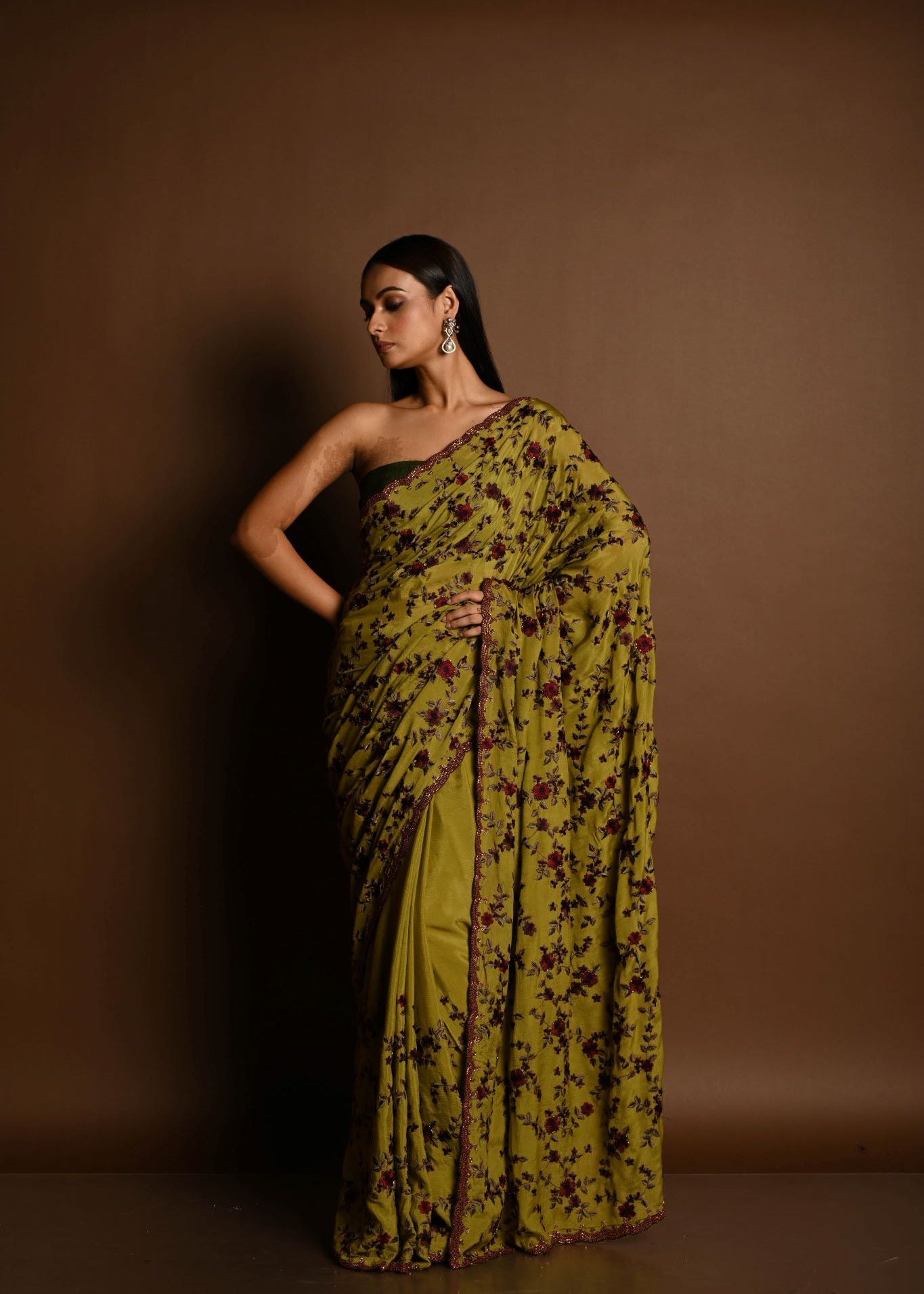 Olive Green Thread Work Cutdana Scalloped Border Pure Georgette Saree - Anvi Couture