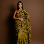 Olive Green Thread Work Cutdana Scalloped Border Pure Georgette Saree - Anvi Couture