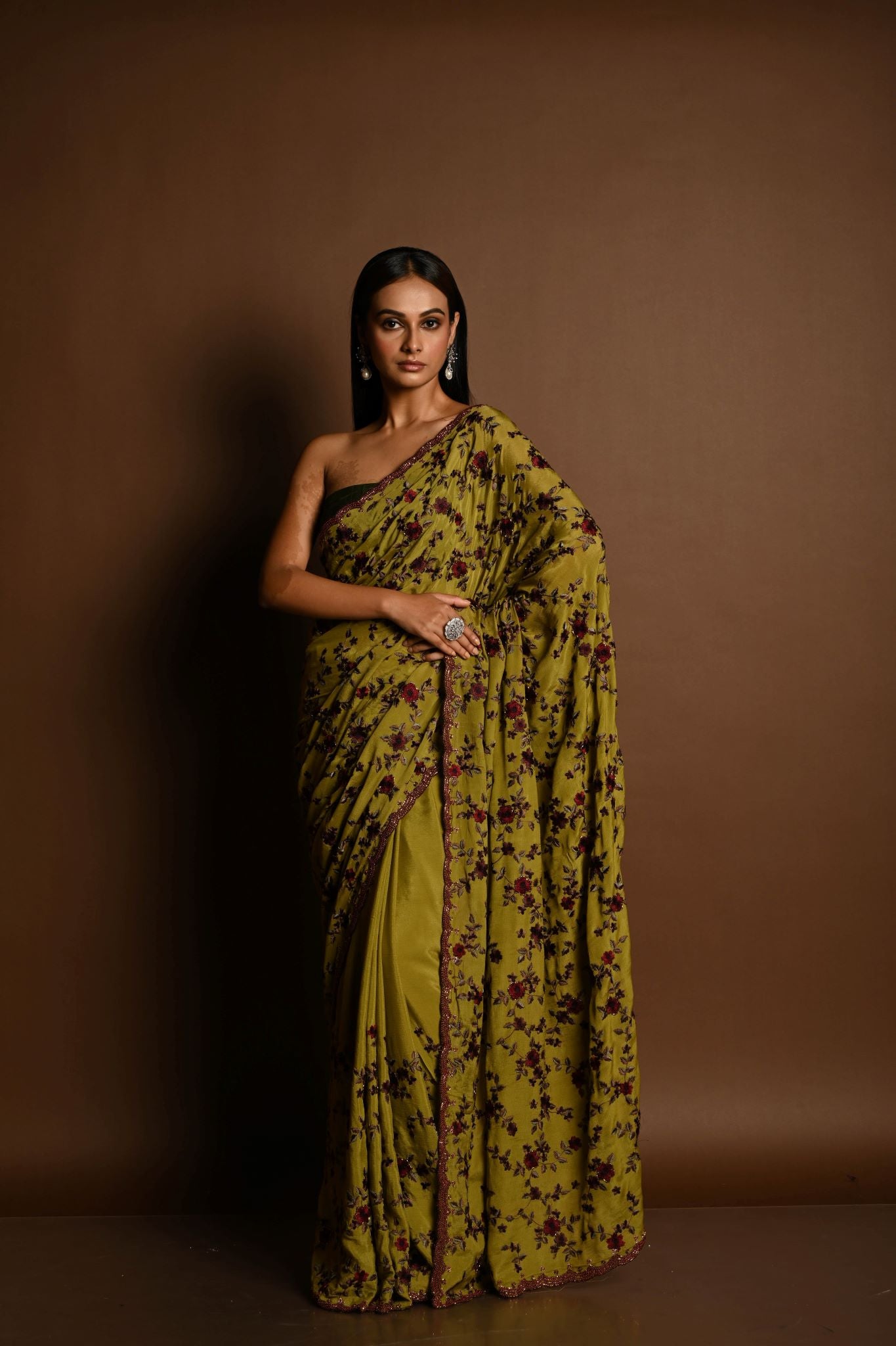 Olive Green Thread Work Cutdana Scalloped Border Pure Georgette Saree - Anvi Couture