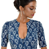 Blue Block Printed Cotton front Closer Blouse with Elbow Sleeves - Anvi Couture