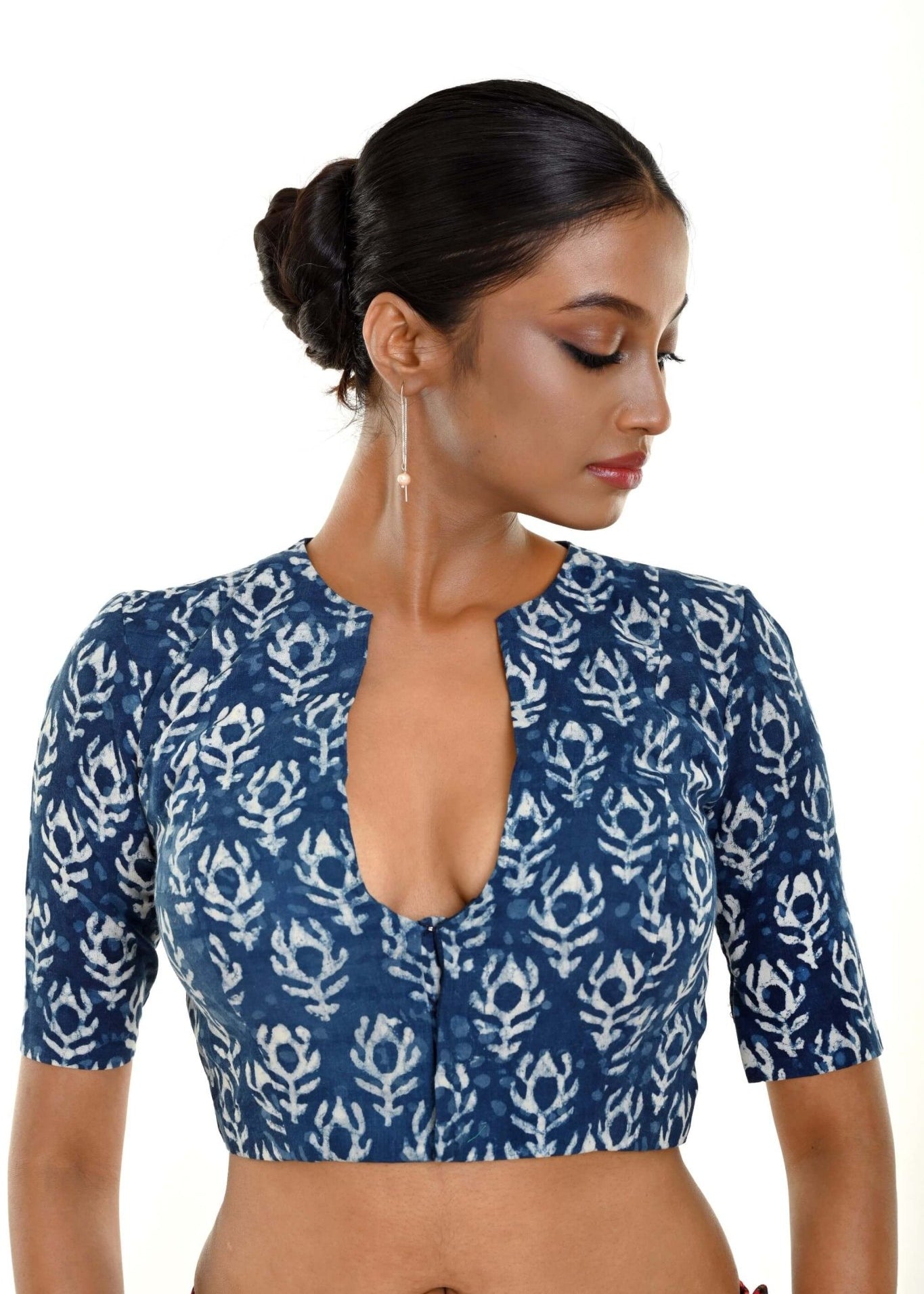 Blue Block Printed Cotton front Closer Blouse with Elbow Sleeves - Anvi Couture