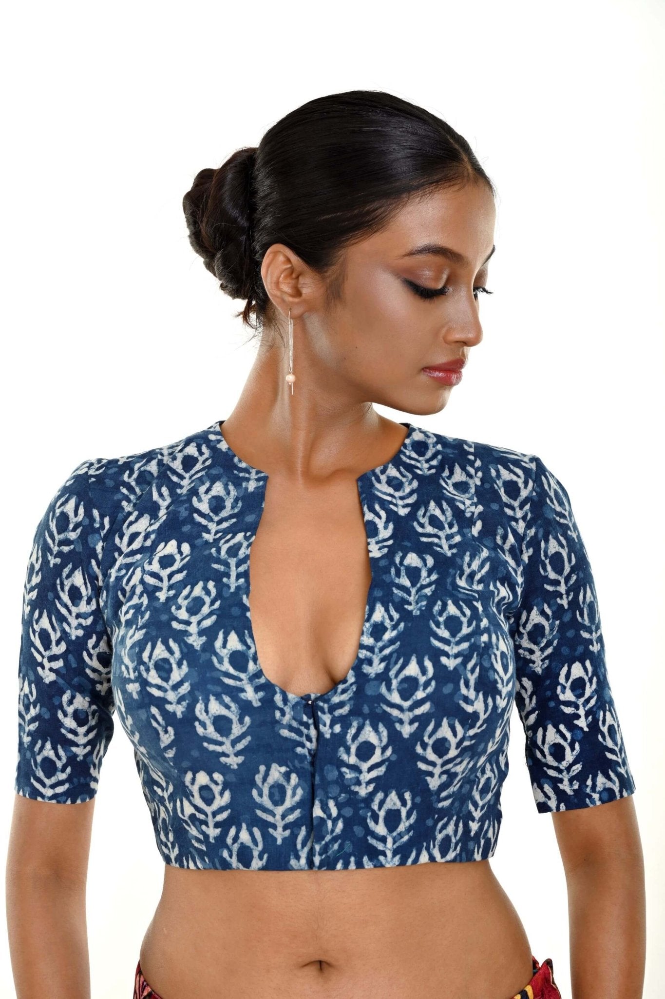 Blue Block Printed Cotton front Closer Blouse with Elbow Sleeves - Anvi Couture