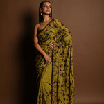 Olive Green Thread Work Cutdana Scalloped Border Pure Georgette Saree - Anvi Couture