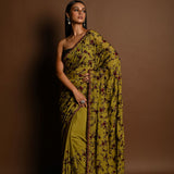 Olive Green Thread Work Cutdana Scalloped Border Pure Georgette Saree - Anvi Couture