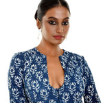 Blue Block Printed Cotton front Closer Blouse with Elbow Sleeves - Anvi Couture