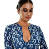 Blue Block Printed Cotton front Closer Blouse with Elbow Sleeves - Anvi Couture