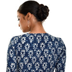 Blue Block Printed Cotton front Closer Blouse with Elbow Sleeves - Anvi Couture