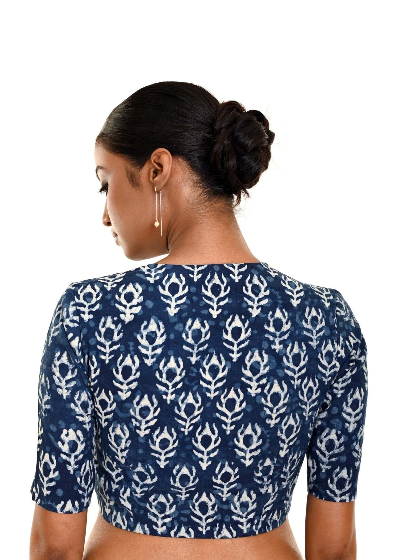 Blue Block Printed Cotton front Closer Blouse with Elbow Sleeves - Anvi Couture