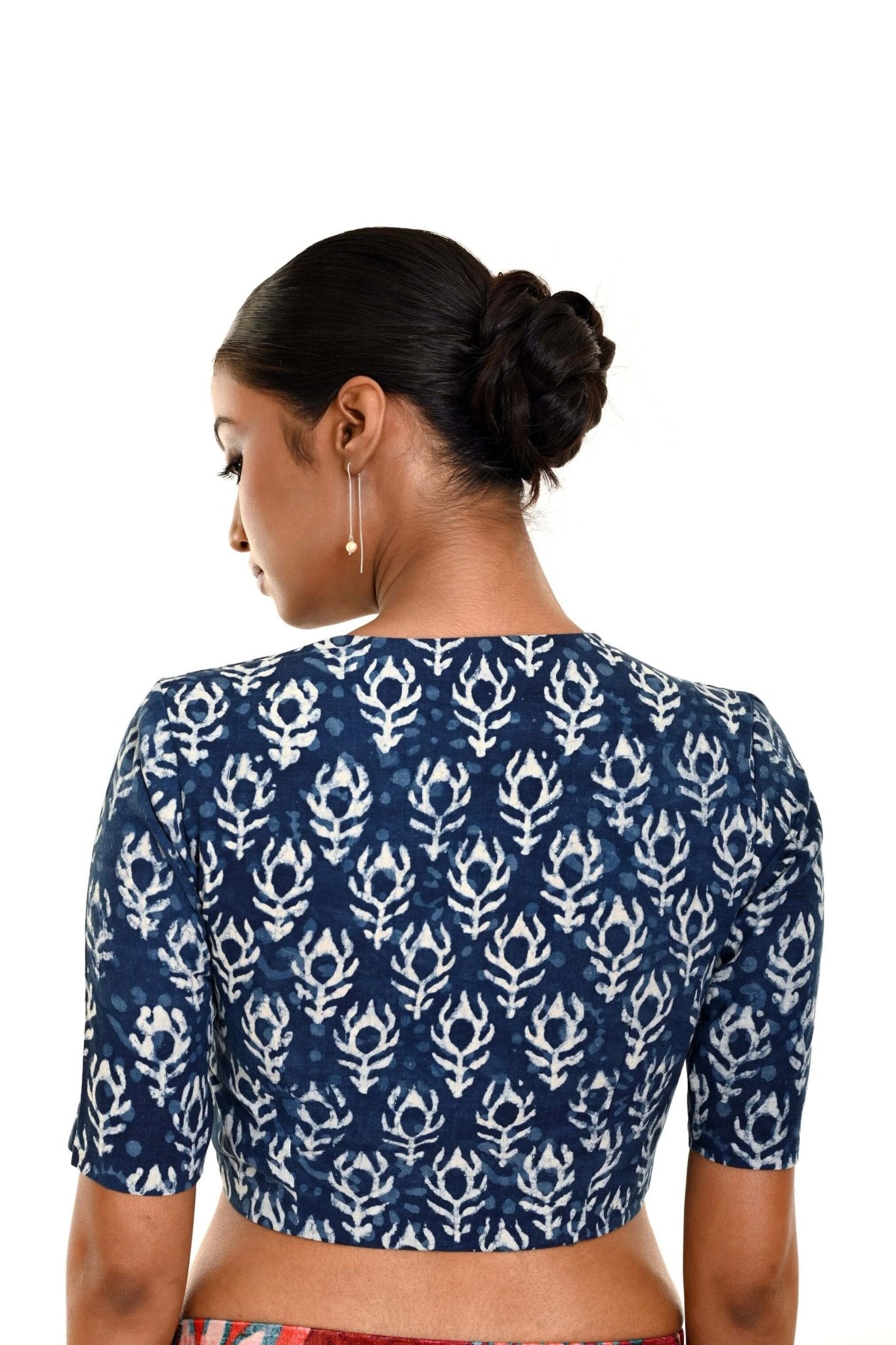 Blue Block Printed Cotton front Closer Blouse with Elbow Sleeves - Anvi Couture