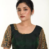 Green Bridal Blouse in Pure Silk with Maggam Zardozi Work