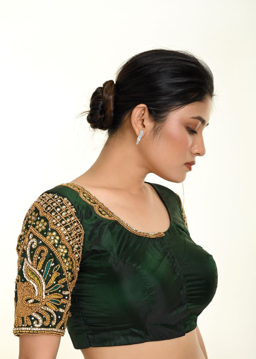 Green Bridal Blouse in Pure Silk with Maggam Zardozi Work - Anvi Couture