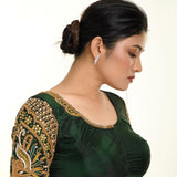 Green Bridal Blouse in Pure Silk with Maggam Zardozi Work - Anvi Couture