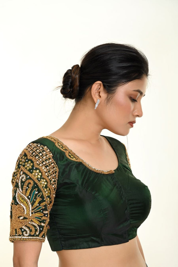 Green Bridal Blouse in Pure Silk with Maggam Zardozi Work