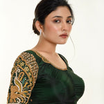 Green Bridal Blouse in Pure Silk with Maggam Zardozi Work - Anvi Couture