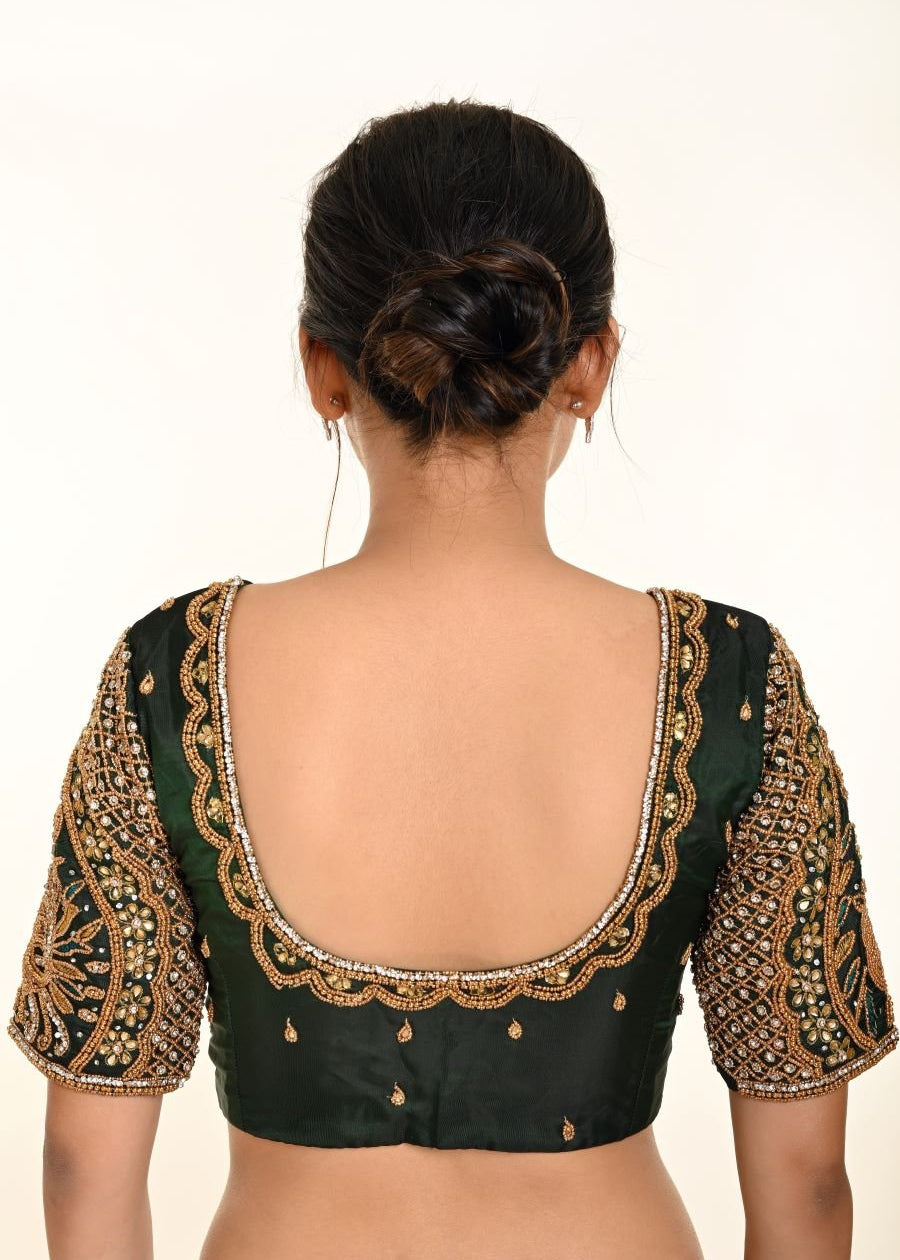 Shop this gorgeous Green Bridal Blouse in Pure Silk with Maggam Zardozi Work - Anvi Couture: Image 4