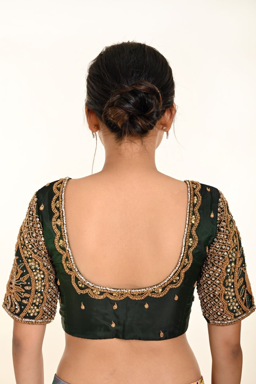 Green Bridal Blouse in Pure Silk with Maggam Zardozi Work - Anvi Couture