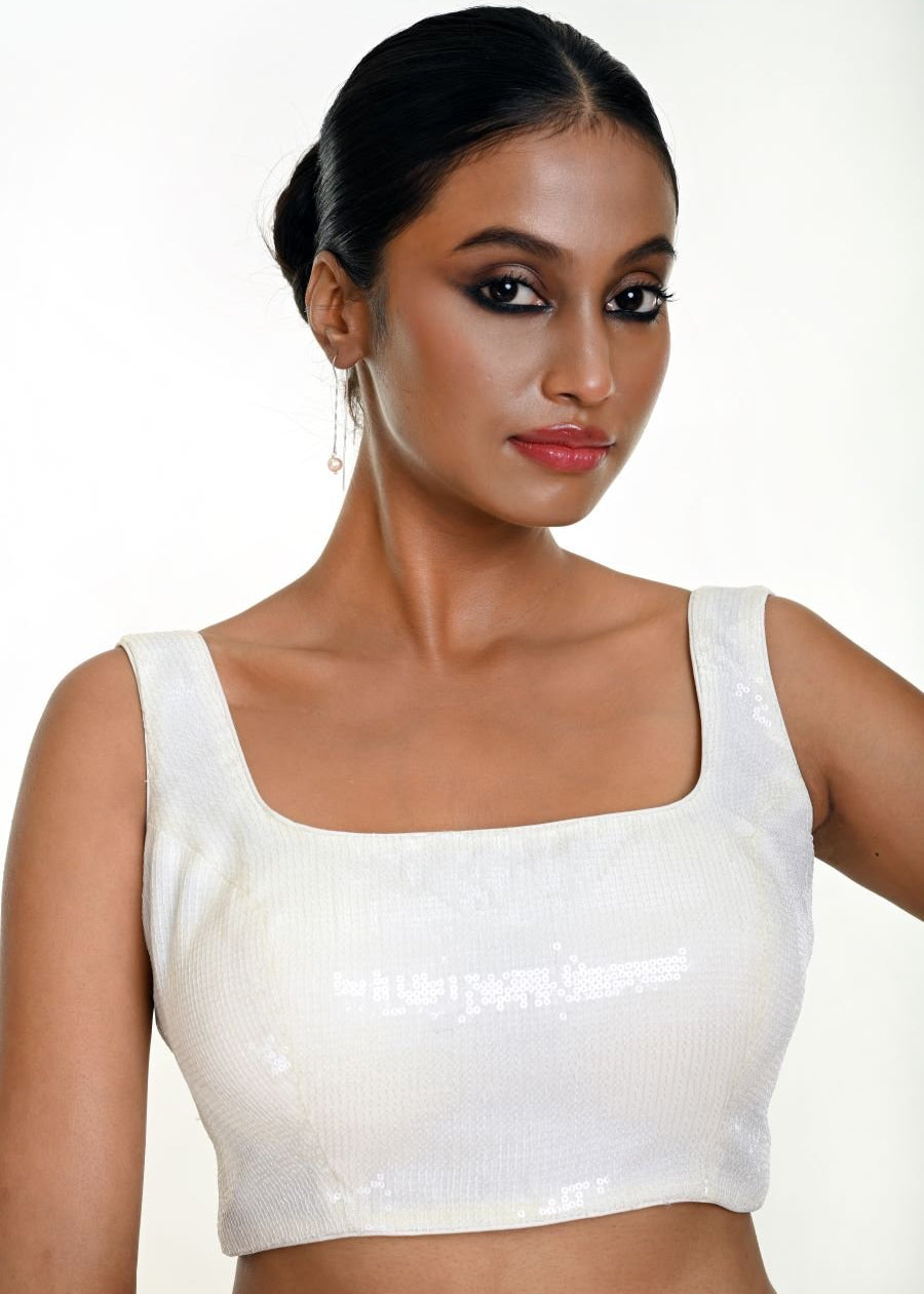 White Sequin Sleeveless Blouse with Square Neckline - Anvi Couture