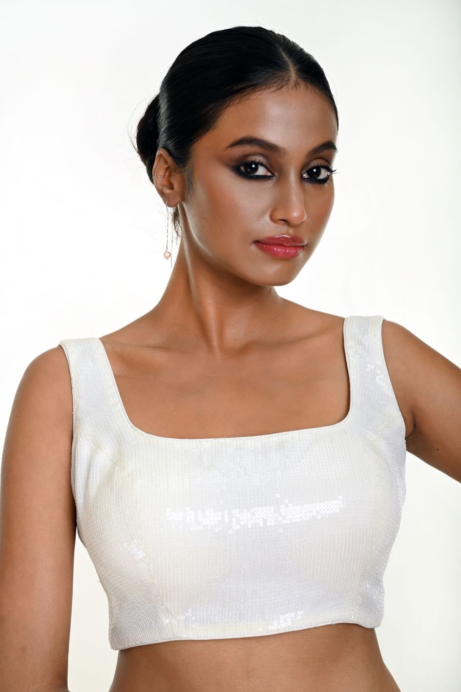 White Sequin Sleeveless Blouse with Square Neckline - Anvi Couture