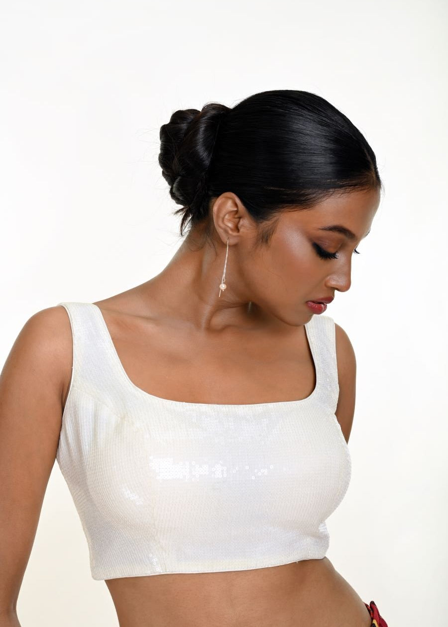 White Sequin Sleeveless Blouse with Square Neckline - Anvi Couture