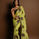 Olive Green Beautiful Thread Embroidery Sequin Floral Work on Satin Silk Saree - Image 2