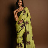 Olive Green Beautiful Thread Embroidery Sequin Floral Work on Satin Silk Saree - Image 2