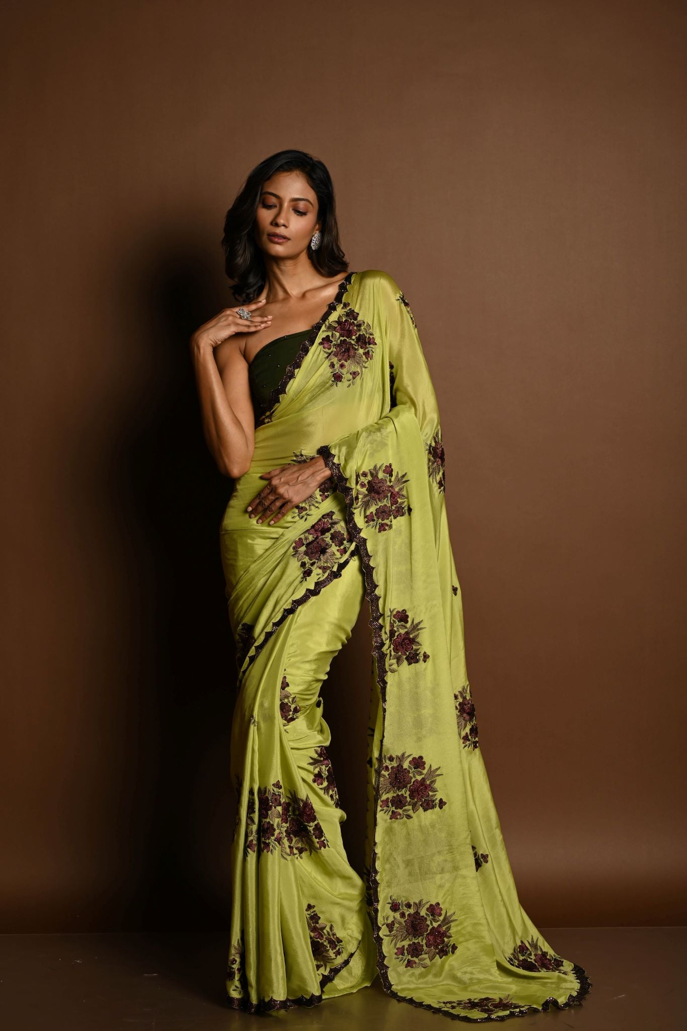 Olive Green Beautiful Thread Embroidery Sequin Floral Work on Satin Silk Saree - Image 2