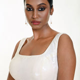 White Sequin Sleeveless Blouse with Square Neckline - Anvi Couture