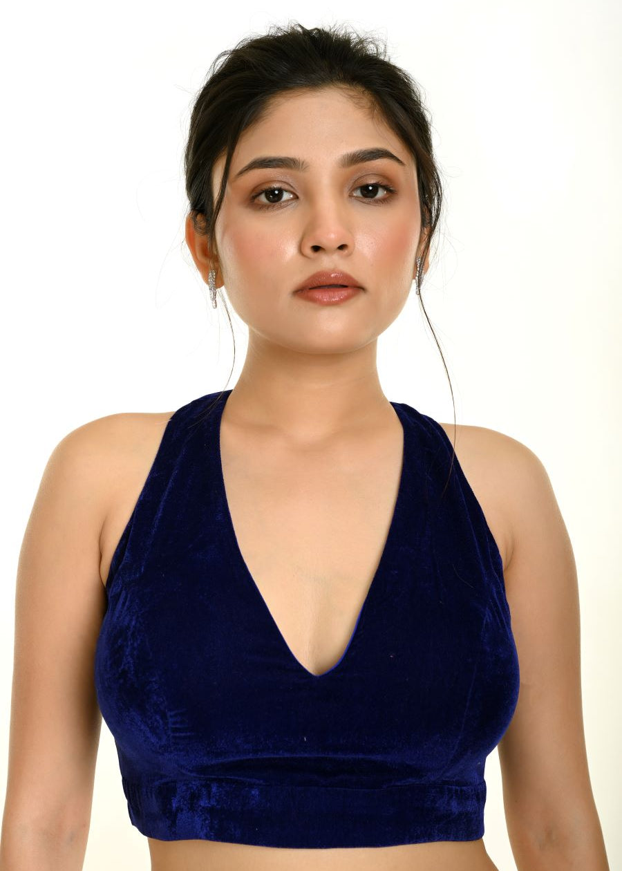 Royal Blue Velvet Blouse with Halter Sleeve and Plunging Neckline - Anvi Couture