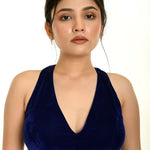 Royal Blue Velvet Blouse with Halter Sleeve and Plunging Neckline - Anvi Couture