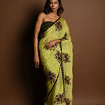 Olive Green Beautiful Thread Embroidery Sequin Floral Work on Satin Silk Saree - Image 1