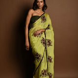 Olive Green Beautiful Thread Embroidery Sequin Floral Work on Satin Silk Saree - Image 1