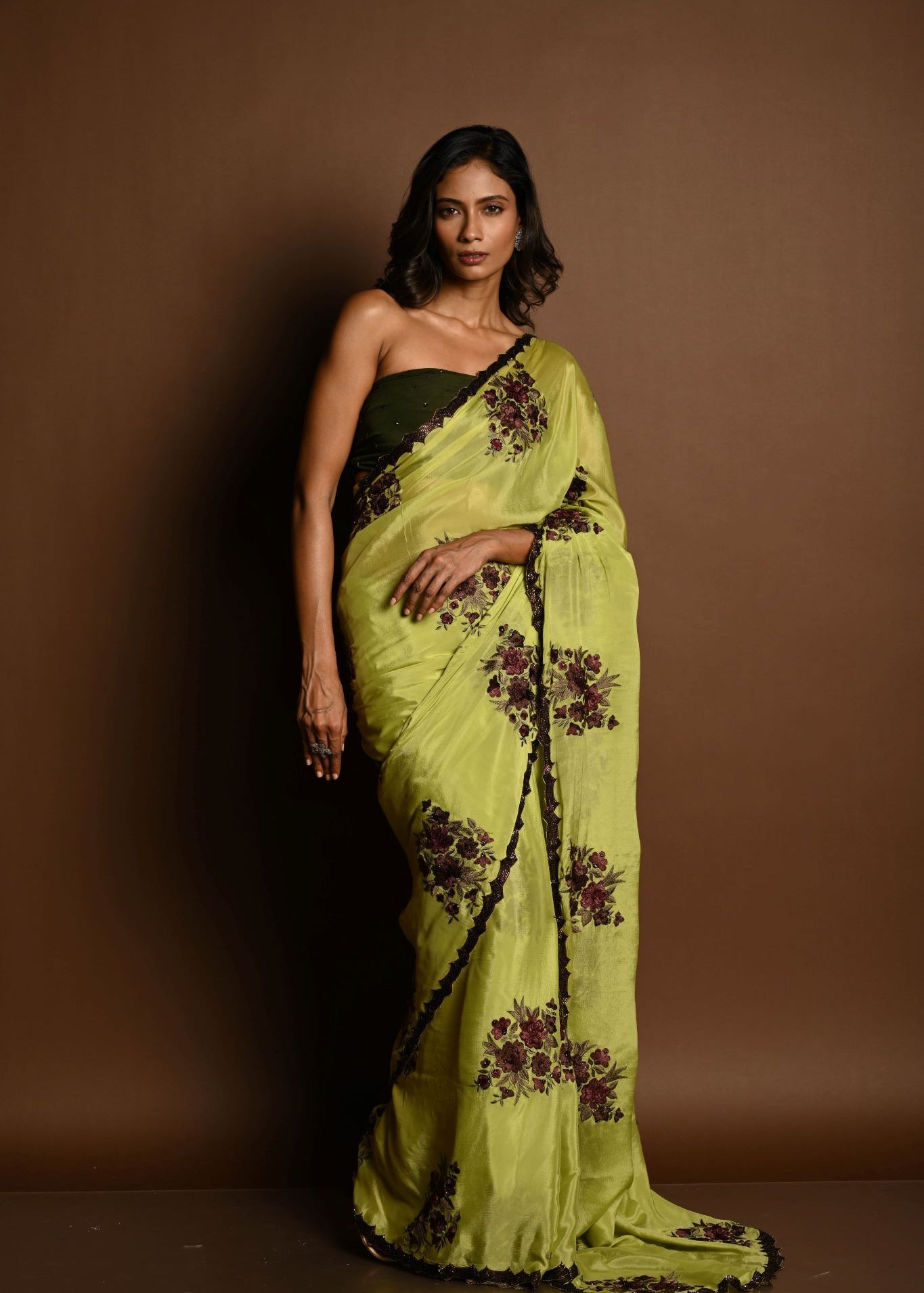 Olive Green Beautiful Thread Embroidery sequence Floral Work on Satin Silk Saree - Anvi Couture