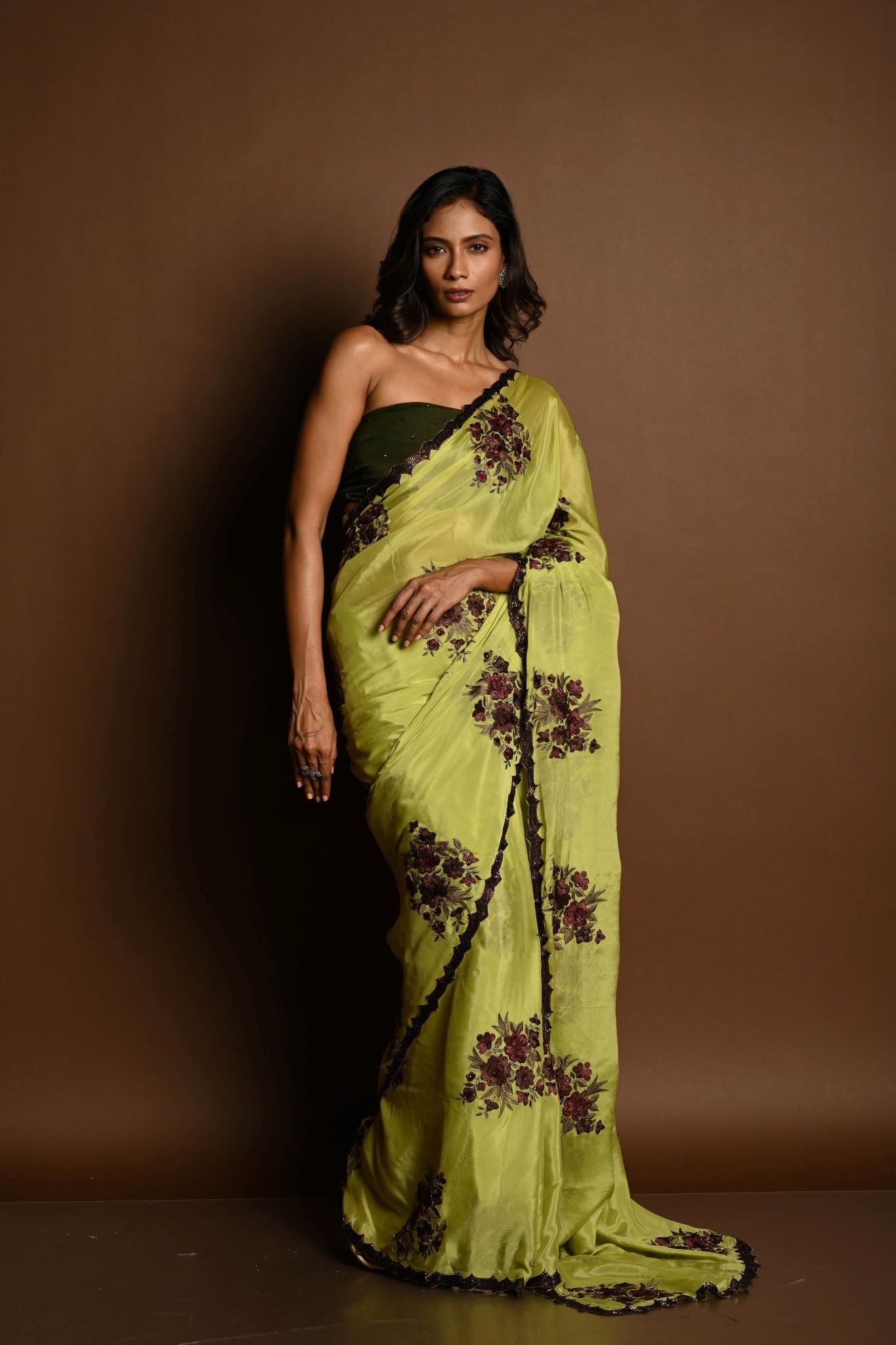 Olive Green Beautiful Thread Embroidery Sequin Floral Work on Satin Silk Saree - Image 1