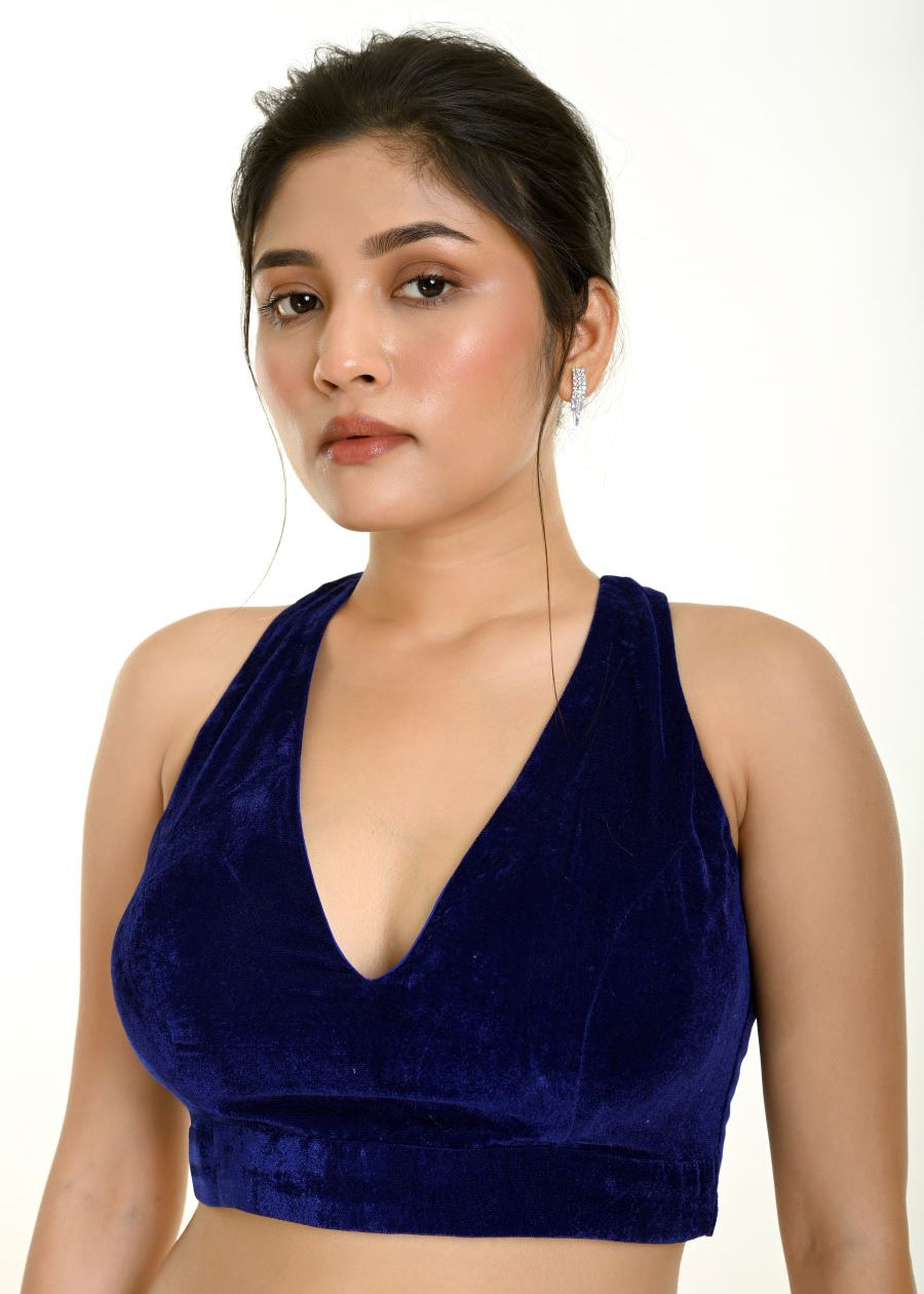 Royal Blue Velvet Blouse with Halter Sleeve and Plunging Neckline - Anvi Couture