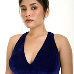 Royal Blue Velvet Blouse with Halter Sleeve and Plunging Neckline - Anvi Couture