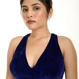 Royal Blue Velvet Blouse with Halter Sleeve and Plunging Neckline - Anvi Couture