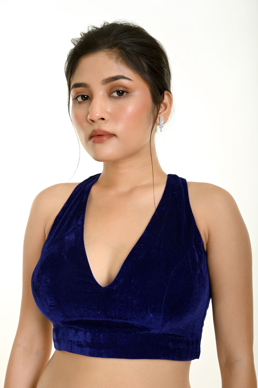 Royal Blue Velvet Blouse with Halter Sleeve and Plunging Neckline - Anvi Couture