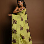 Olive Green Beautiful Thread Embroidery Sequin Floral Work on Satin Silk Saree - Image 4