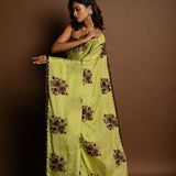 Olive Green Beautiful Thread Embroidery Sequin Floral Work on Satin Silk Saree - Image 4