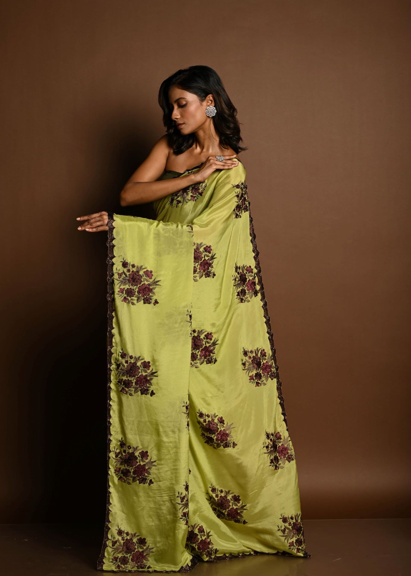Olive Green Beautiful Thread Embroidery Sequin Floral Work on Satin Silk Saree - Image 4