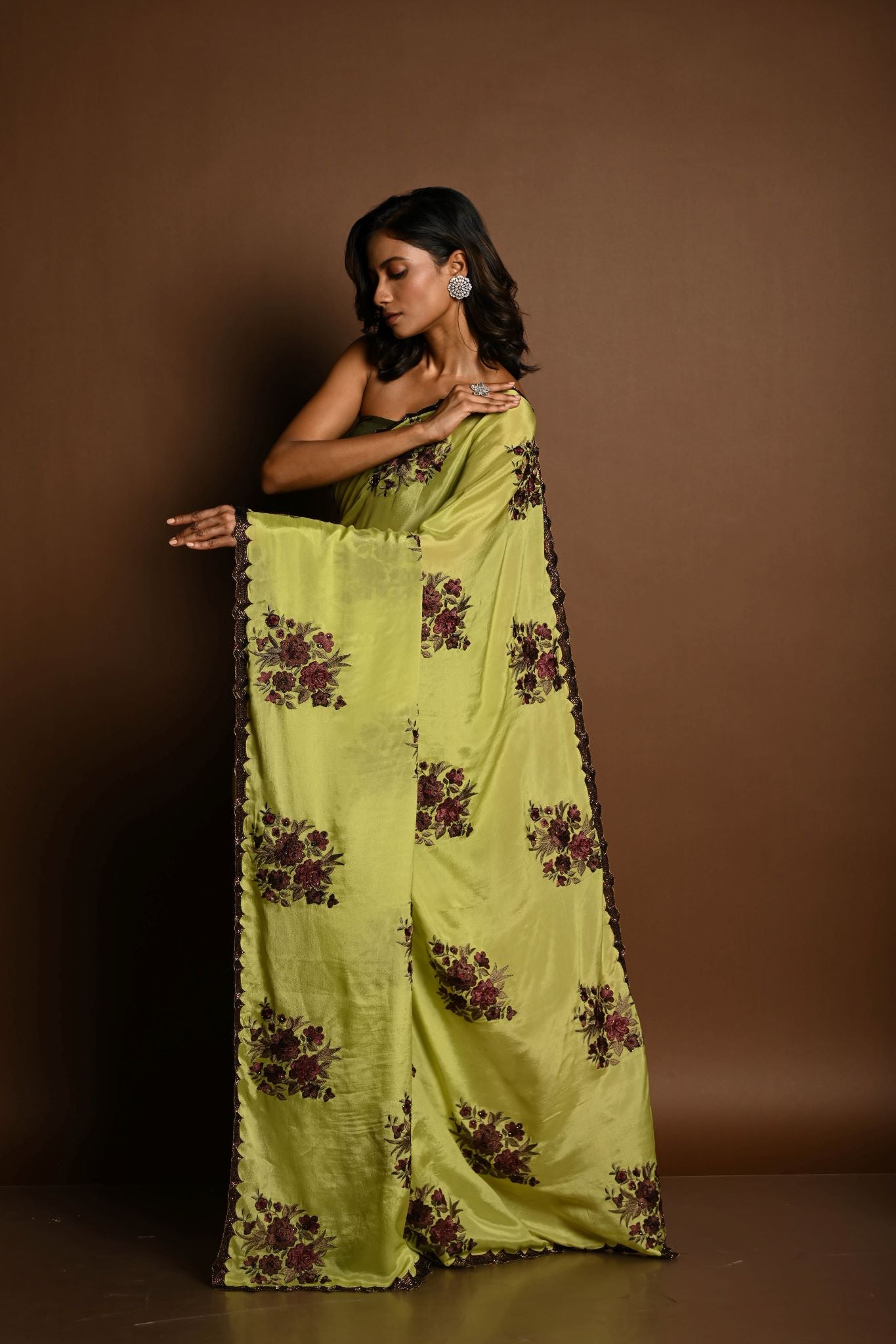 Olive Green Beautiful Thread Embroidery Sequin Floral Work on Satin Silk Saree - Image 4