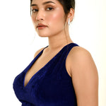 Royal Blue Velvet Blouse with Halter Sleeve and Plunging Neckline - Anvi Couture