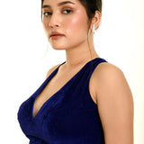 Royal Blue Velvet Blouse with Halter Sleeve and Plunging Neckline - Anvi Couture