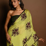 Olive Green Beautiful Thread Embroidery Sequin Floral Work on Satin Silk Saree - Image 3