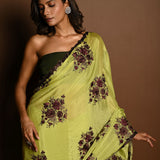 Olive Green Beautiful Thread Embroidery sequence Floral Work on Satin Silk Saree - Anvi Couture