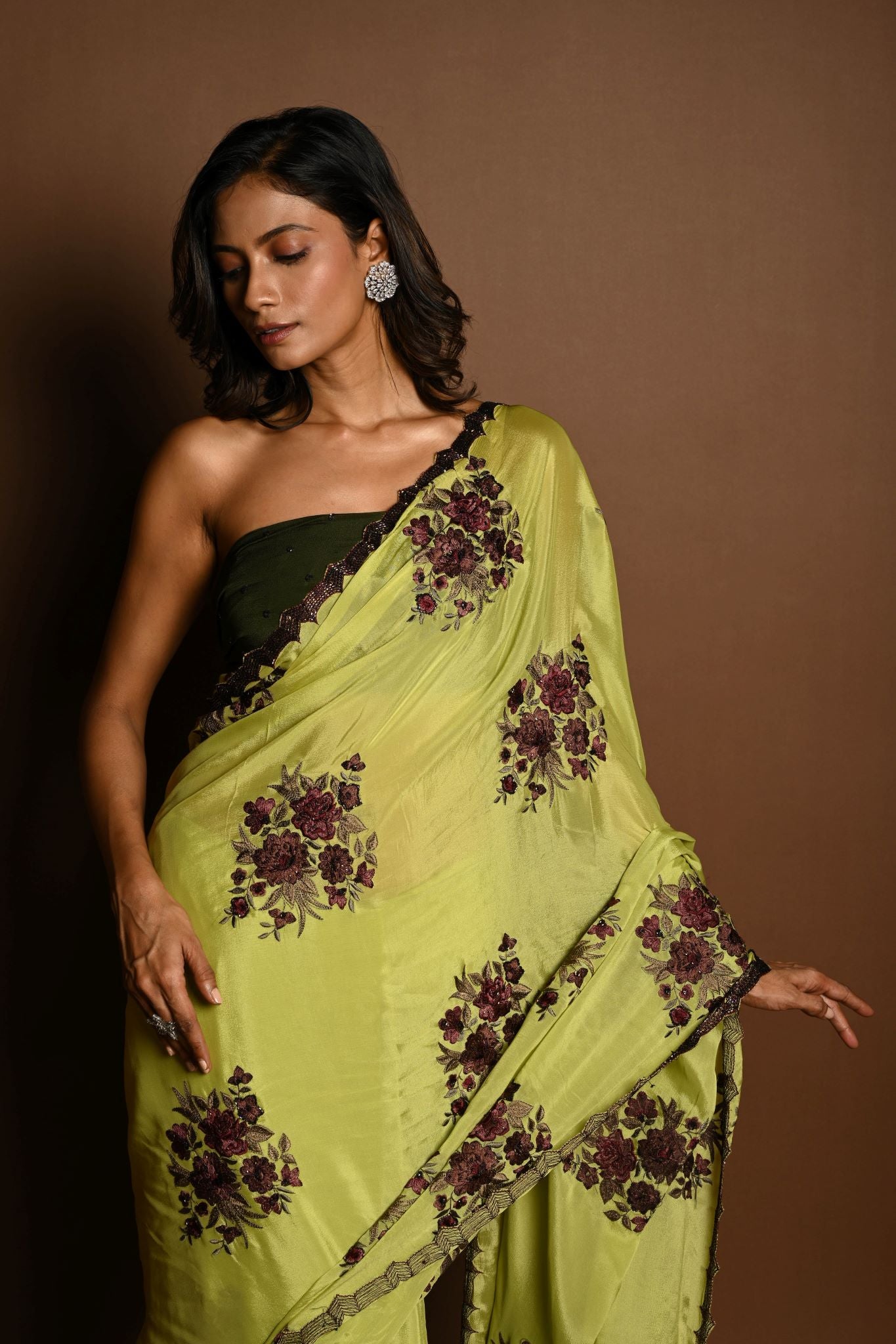 Olive Green Beautiful Thread Embroidery Sequin Floral Work on Satin Silk Saree - Image 3