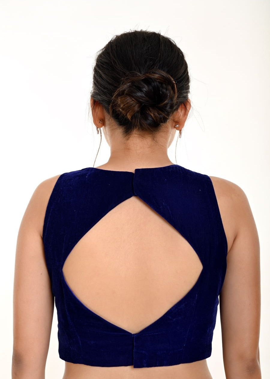 Royal Blue Velvet Blouse with Halter Sleeve and Plunging Neckline - Anvi Couture