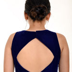 Royal Blue Velvet Blouse with Halter Sleeve and Plunging Neckline - Anvi Couture