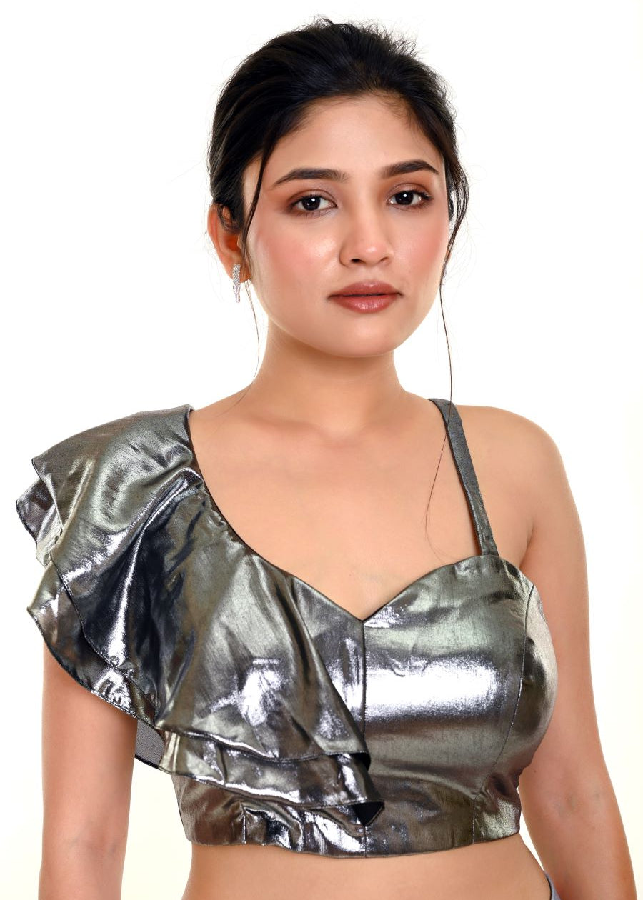 Metallic Silver Ruffle Blouse with One Sided Ruffle Sleeves - Anvi Couture